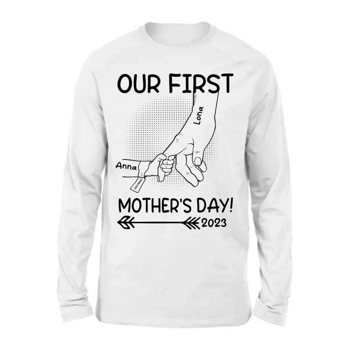 Custom Personalized Hand Shirt/Hoodie/Sweatshirt/Long sleeve - Gift Idea For Mother's Day - Upto 6 Kids - Our First Mother's Day 2023