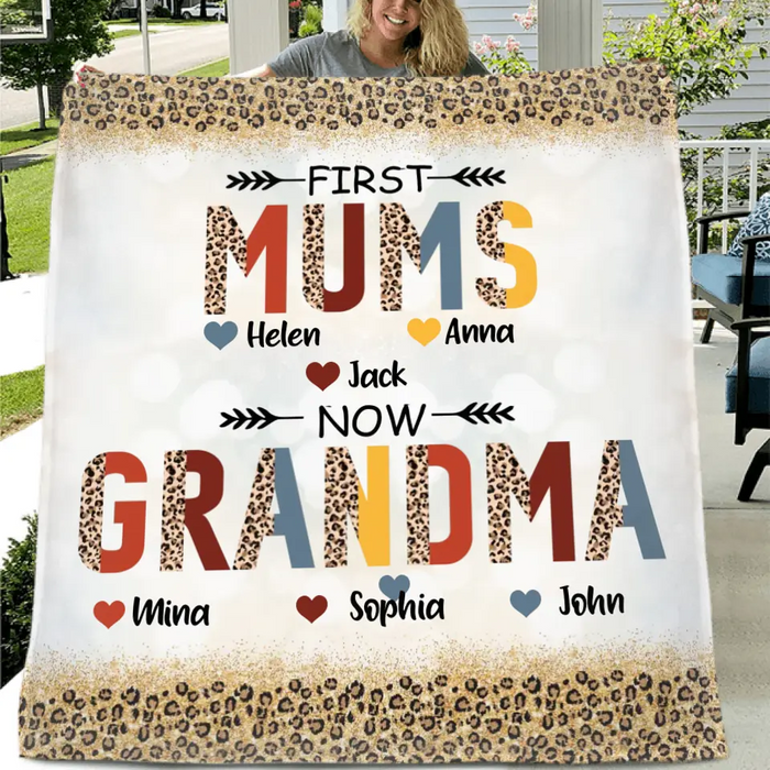 Personalized Grandma Single Layer Fleece/ Quilt Blanket - Upto 4 Kids And 8 Grandkids - Mother's Day Gift Idea for Grandma - First Mom Now Nana Kid And Grandkids