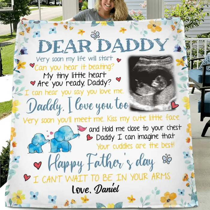 Custom Personalized Baby Photo Quilt/ Single Layer Fleece Blanket - Gift Idea For Father's Day - Dear Daddy Very Soon My Life Will Start