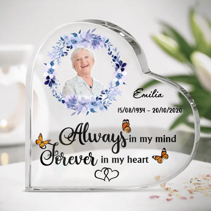 Custom Personalized Memorial Photo Crystal Heart - Memorial Gift Idea for Father's Day/Mother's Day - Always In My Mind Forever In My Heart