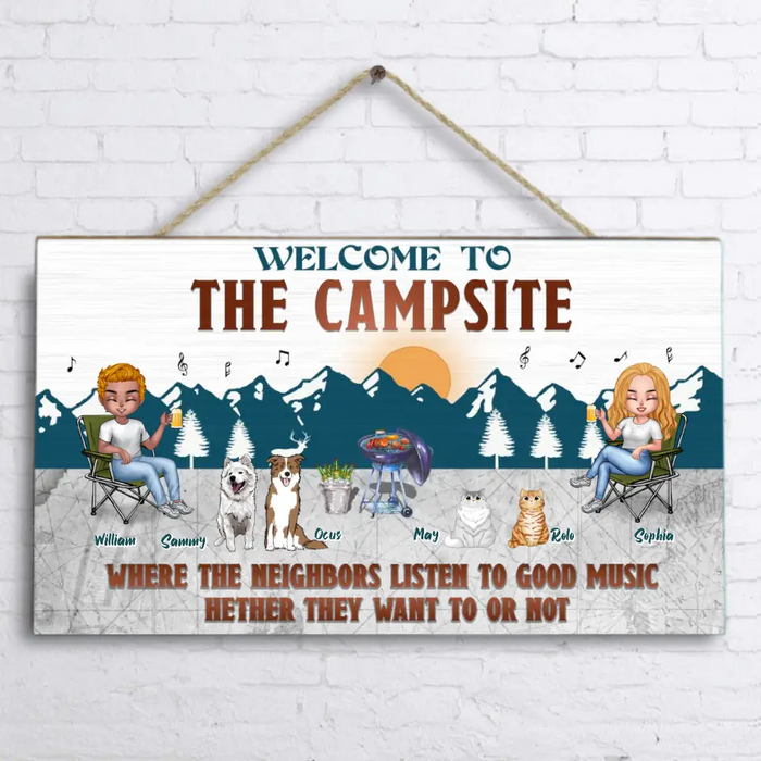 Custom Personalized Camping Couple With Pet Wooden Sign - Couple With Upto 4 Pets - Gift Idea For Camping/ Dog/Cat Lovers - Welcome To The Campsite