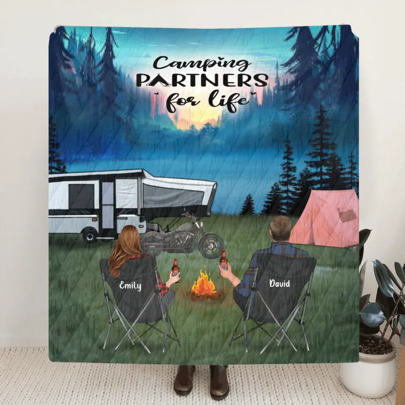 Personalized Camping Quilt/Fleece Blanket - Couple/Parents With Up to 4 Kids And 3 Pets - Camping Partners For Life