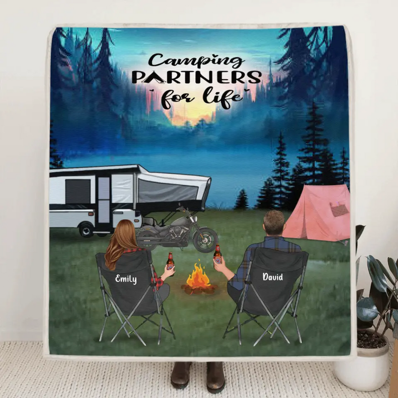 Personalized Camping Quilt/Fleece Blanket - Couple/Parents With Up to 4 Kids And 3 Pets - Camping Partners For Life