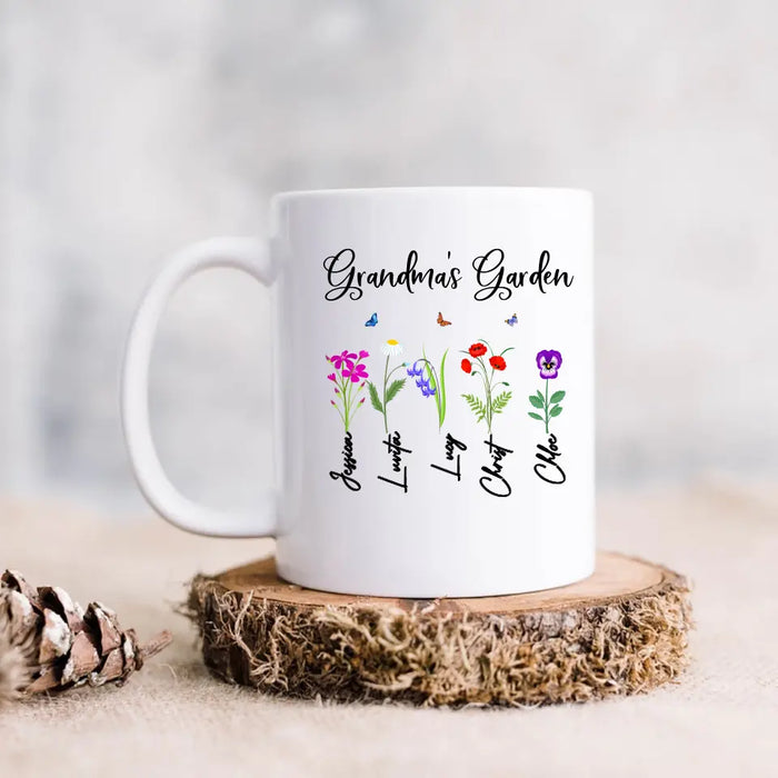 Custom Personalized Grandma's Garden Coffee Mug - Gift Idea For Grandma/Mother's Day - Upto 5 Flowers - Grandma's Garden