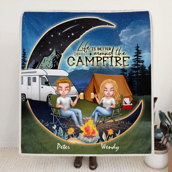 Personalized Camping Moon Night Chibi Quilt/Fleece Blanket - Couple With Up to 3 Dogs - Gift Idea For Camping Lover - Life Is Better Around The Campfire