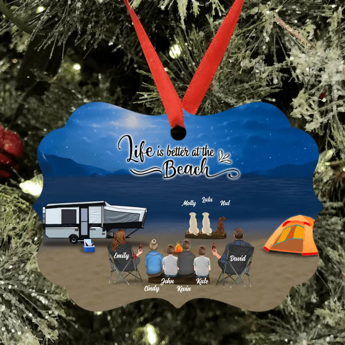 Custom Personalized Beach Camping Ornament - Best Gift For Camping Family/Couple/Single Parent/Solo - Upto 4 Kids and 6 Pets - Life Is Better At The Beach
