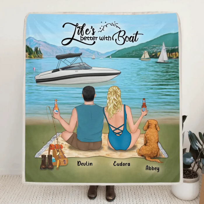 Custom Personalized Boating Quilt Blanket / Fleece Blanket - Parents Upto 3 Kids  And 3 Pets - Best Gift For Family - Life's Better With Boat - 33LE0B