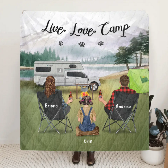 Custom Personalized Camping Fleece Blanket - Parents Upto 3 Kids & 3 Dogs - Gift Idea For The Whole Family - Live, Love, Camp - 341148