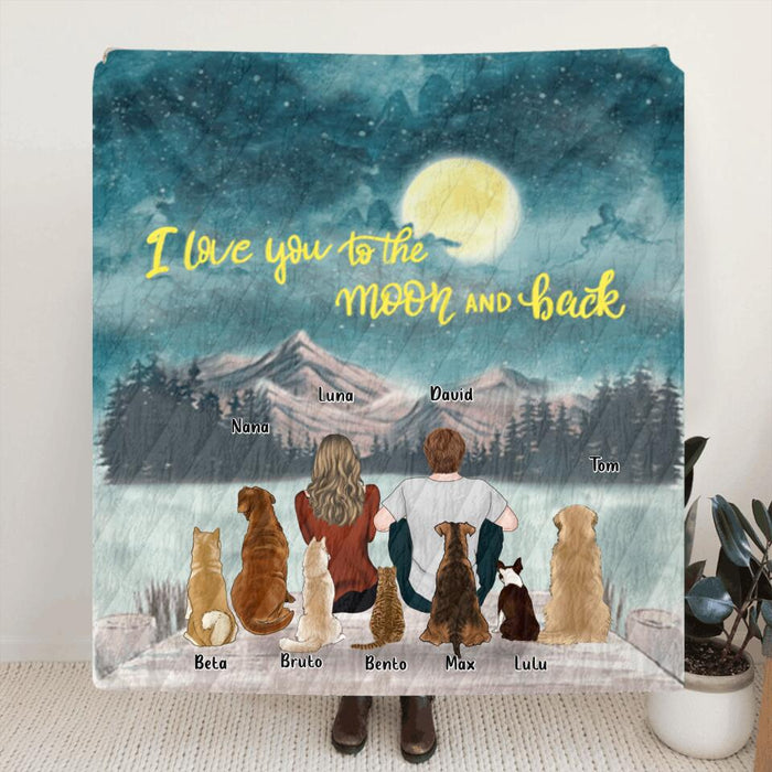 Custom Personalized Pet Dad Pet Mom Quilt/Fleece Blanket - Up to 7 Pets - I Love You To The Moon and Back