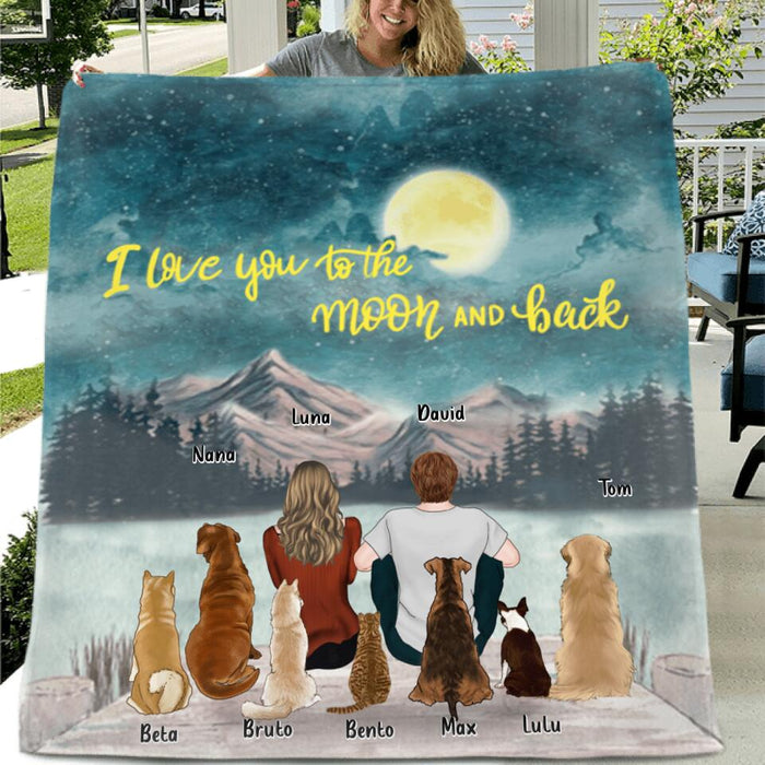 Custom Personalized Pet Dad Pet Mom Quilt/Fleece Blanket - Up to 7 Pets - I Love You To The Moon and Back