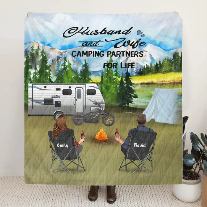 Custom personalized camping quilt blanket - Parents with Kids and Pets - Gift Idea For The Whole Family - Father's day gift, Mother's day gift - Husband and Wife Camping Partners For Life - Full Option