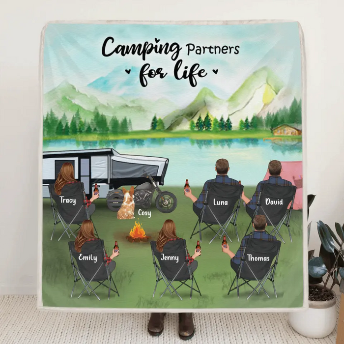 Personalized Camping Blanket - Gift For Camping Lovers with 6 Adults and 1 Pet - Camping Partners For Life