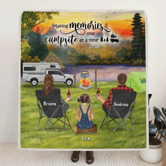 Custom Personalized Camping Fleece Blanket - Parents Upto 3 Kids & 3 Dogs - Gift Idea For The Whole Family - Making Memories One Campsite At A Time