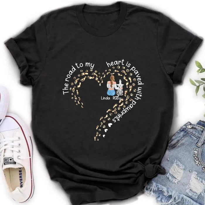 Custom Personalized Memorial Dog With Man/Woman Shirt/Hoodie/Long sleeve/Sweatshirt - Gift Idea For Dog Lovers/Dog Owners - The Road To My Heart Is Paved With Pawprints