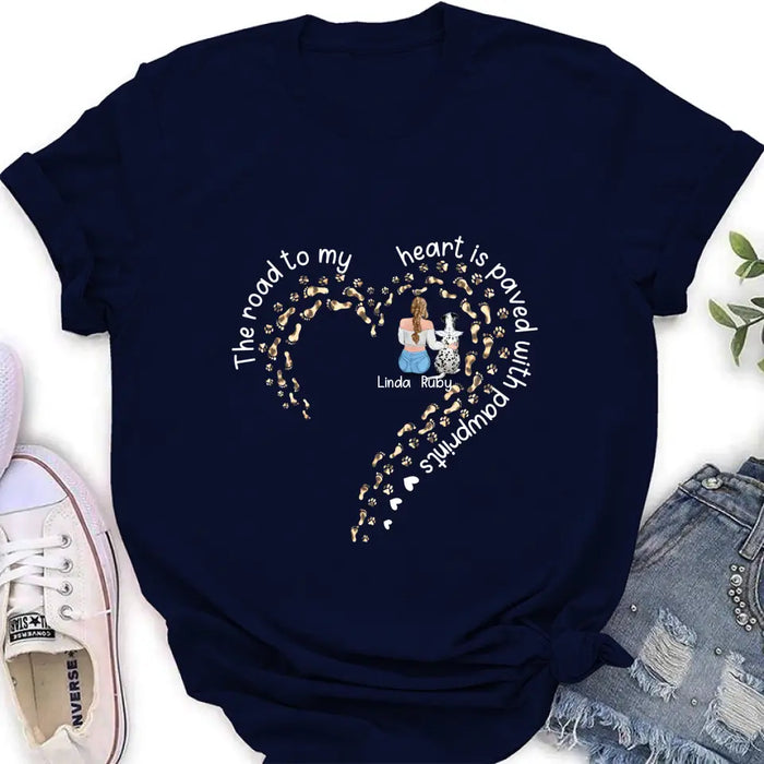 Custom Personalized Memorial Dog With Man/Woman Shirt/Hoodie/Long sleeve/Sweatshirt - Gift Idea For Dog Lovers/Dog Owners - The Road To My Heart Is Paved With Pawprints