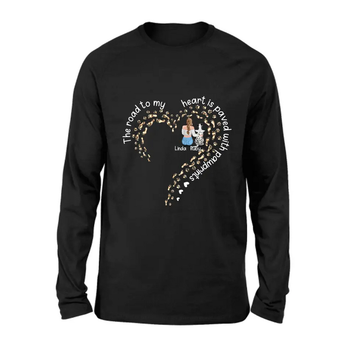 Custom Personalized Memorial Dog With Man/Woman Shirt/Hoodie/Long sleeve/Sweatshirt - Gift Idea For Dog Lovers/Dog Owners - The Road To My Heart Is Paved With Pawprints