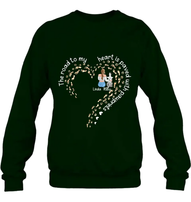 Custom Personalized Memorial Dog With Man/Woman Shirt/Hoodie/Long sleeve/Sweatshirt - Gift Idea For Dog Lovers/Dog Owners - The Road To My Heart Is Paved With Pawprints