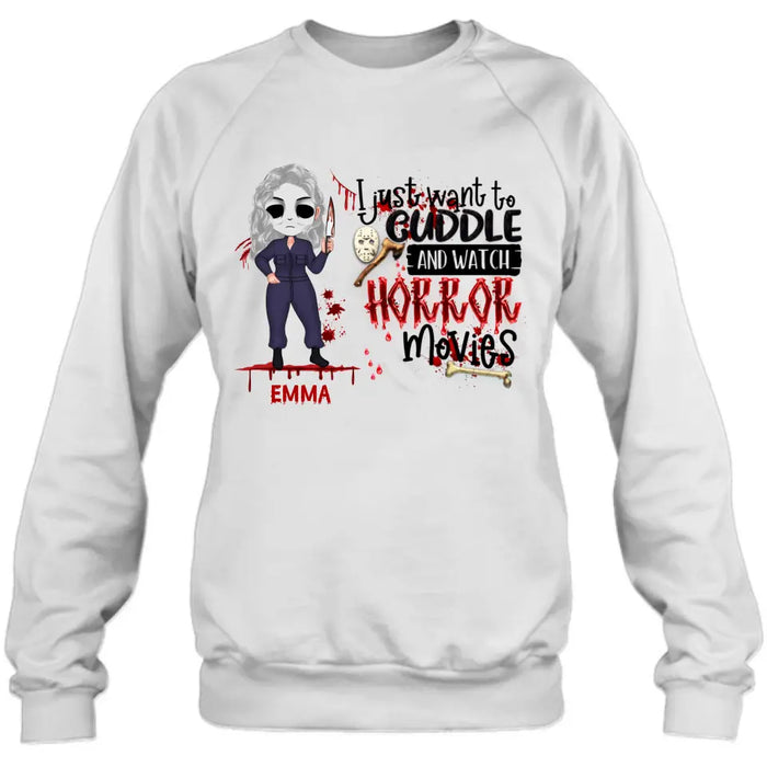 Custom Personalized Cuddle And Watch Horror Movies Shirt/ Hoodie - Halloween Gift For Girls