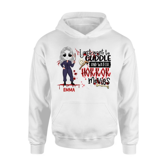 Custom Personalized Cuddle And Watch Horror Movies Shirt/ Hoodie - Halloween Gift For Girls