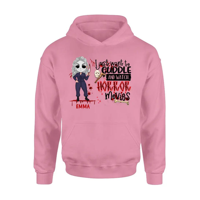 Custom Personalized Cuddle And Watch Horror Movies Shirt/ Hoodie - Halloween Gift For Girls