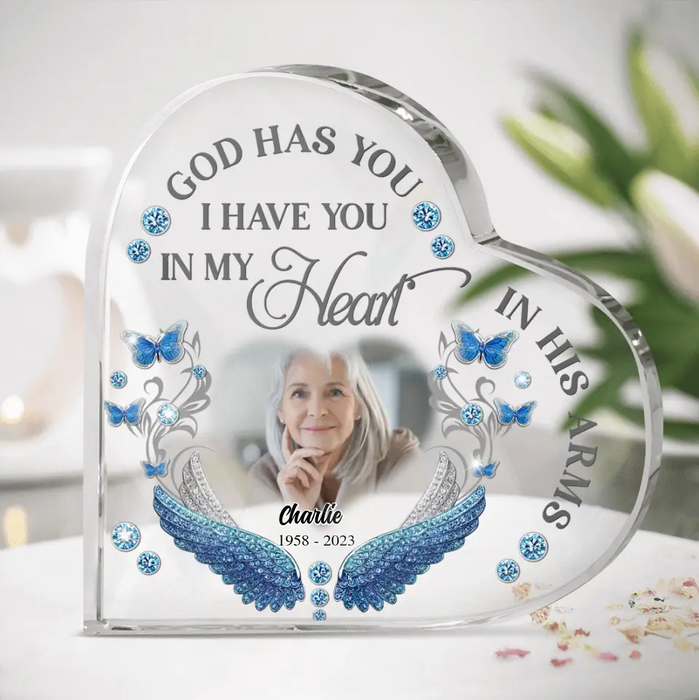 Custom Personalized Memorial Photo Crystal Heart - Memorial Gift Idea for Mother's Day/Father's Day - God Has You In His Arms I Have You In My Heart