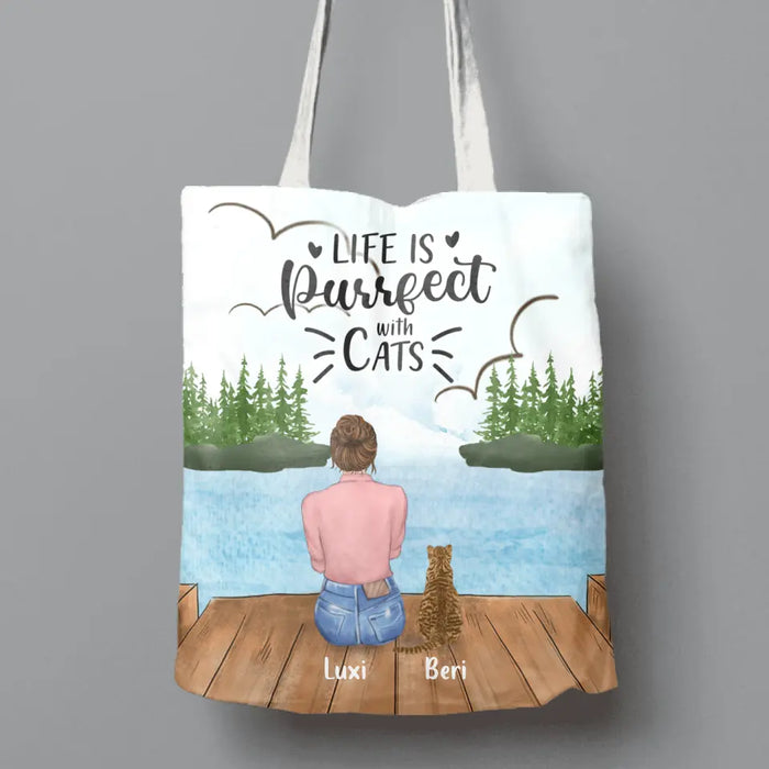 Personalized Cat Mom Canvas Bag - Gift For Cat Lovers With Up to 4 Cats - Life Is Purrfect With Cats