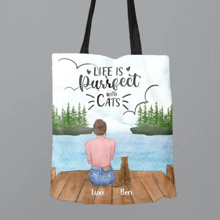 Personalized Cat Mom Canvas Bag - Gift For Cat Lovers With Up to 4 Cats - Life Is Purrfect With Cats