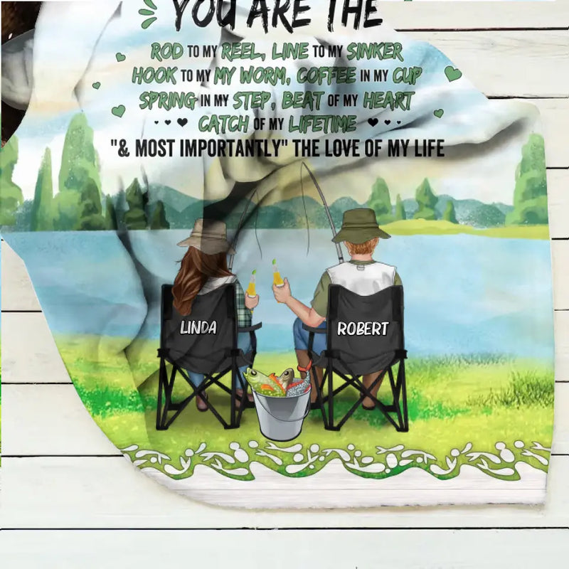 Personalized Fishing Couple Fleece Blanket/Quilt - Gift for Fishing Lovers/Couple/Husband and Wife - You Are The Rod To My Reel, Line To My Sinker