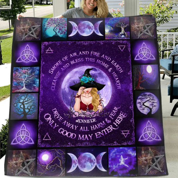 Custom Personalized Witch Fleece/ Quilt Blanket - Drive Away All Harm & Fear, Only Good May Enter Here