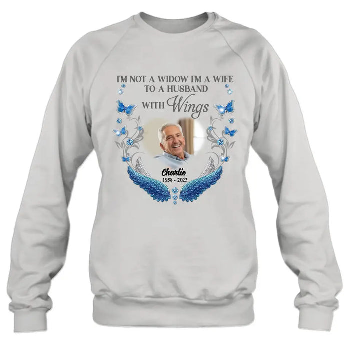 Custom Personalized Memorial Photo Shirt/Hoodie - Memorial Gift Idea for Mother's Day/Father's Day -  I Am Not A Widow I'm A Wife To A Husband With Wings