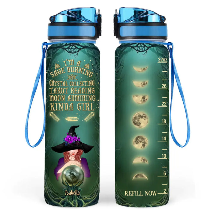 Custom Personalized Witch Water Tracker Bottle - Gift Idea For Halloween/ Friends - I'm A Sage Burning Crystal Collecting Tarot Reading Moon Admiring Kinda Girl