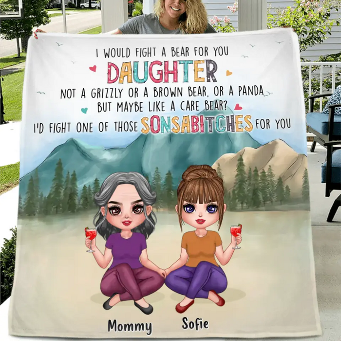 Custom Personalized Mom And Daughter Single Layer Fleece Blanket/ Quilt Blanket - Gift Idea From Mom To Daughter - I Would Fight A Bear For You Daughter