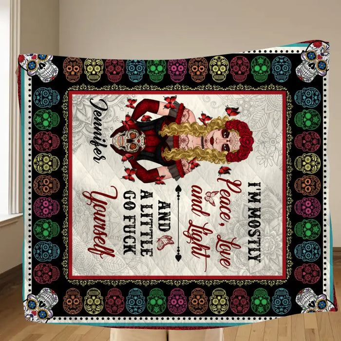 Custom Personalized Sugar Skull Single Layer Fleece/ Quilt Blanket - Skull Gift For Girl - I'm Mostly Peace, Love And Light