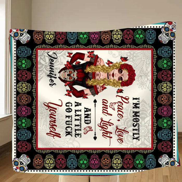 Custom Personalized Sugar Skull Single Layer Fleece/ Quilt Blanket - Skull Gift For Girl - I'm Mostly Peace, Love And Light