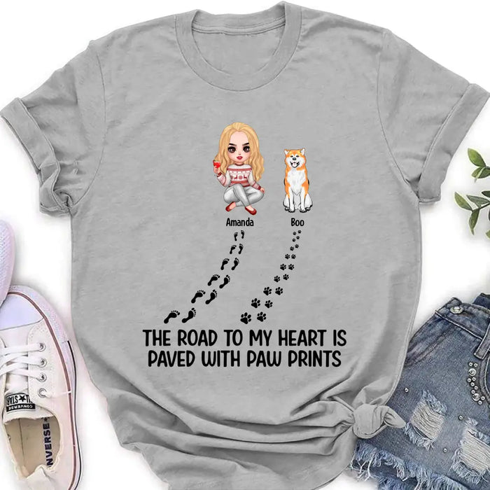 Custom Personalized Dog Shirt/Hoodie - Upto 4 Dogs - Father's Day/Mother's Day Gift Idea for Dog Lovers - The Road To My Heart Is Paved With Paw Prints