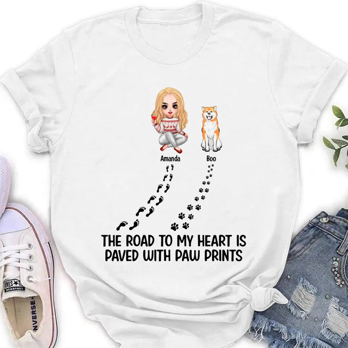 Custom Personalized Dog Shirt/Hoodie - Upto 4 Dogs - Father's Day/Mother's Day Gift Idea for Dog Lovers - The Road To My Heart Is Paved With Paw Prints