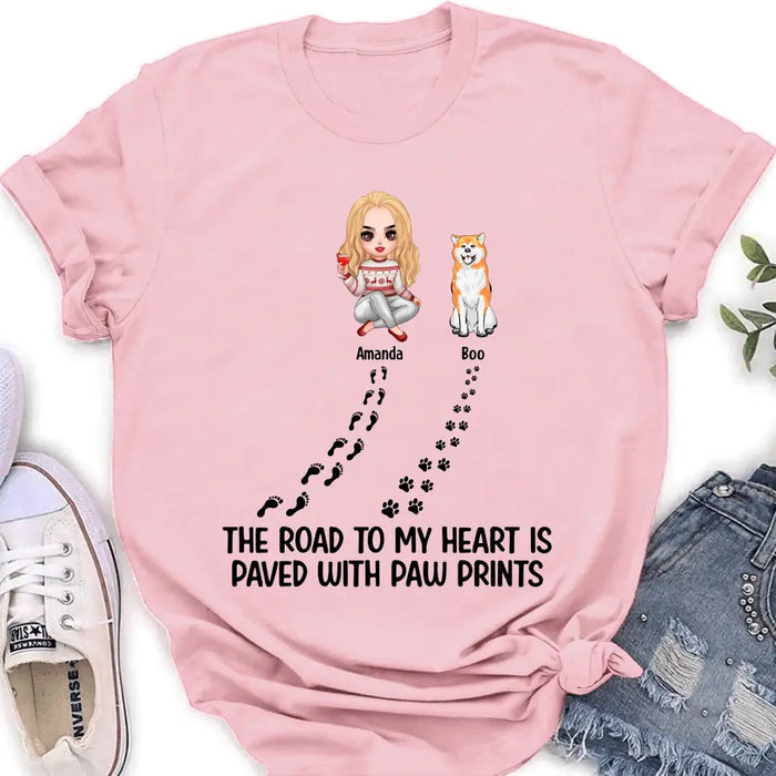 Custom Personalized Dog Shirt/Hoodie - Upto 4 Dogs - Father's Day/Mother's Day Gift Idea for Dog Lovers - The Road To My Heart Is Paved With Paw Prints