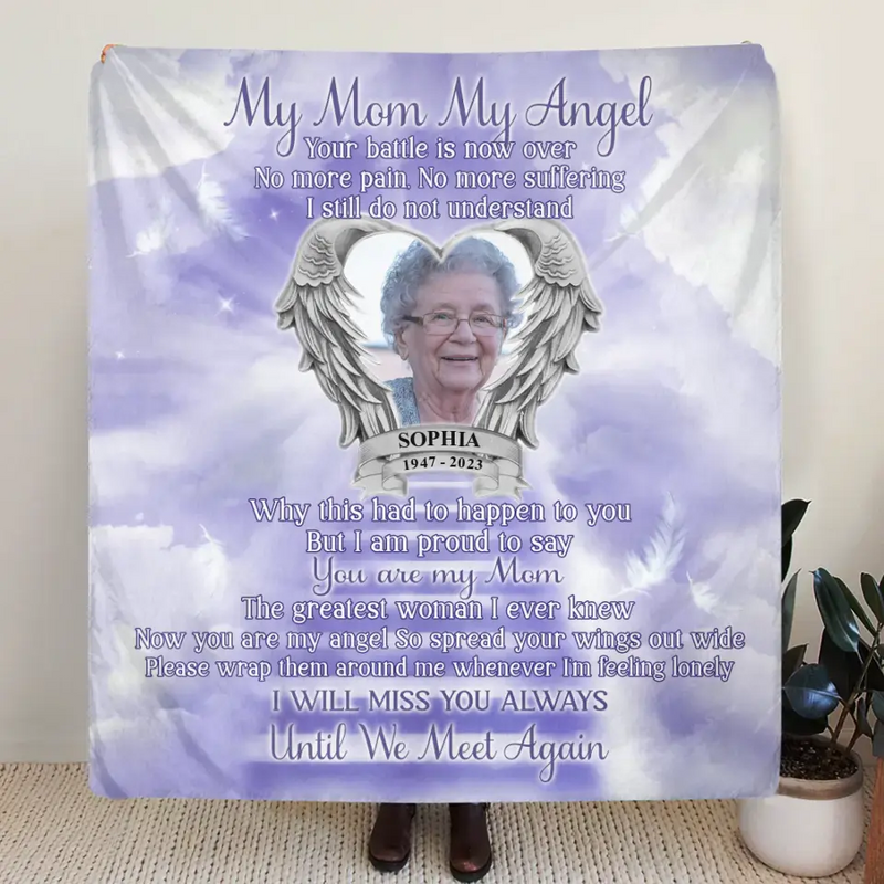Personalized Memorial Photo Fleece Throw Blanket/Quilt - Memorial Gift Idea for Father's Day/Mother's Day - My Angel Your Battle Is Now Over