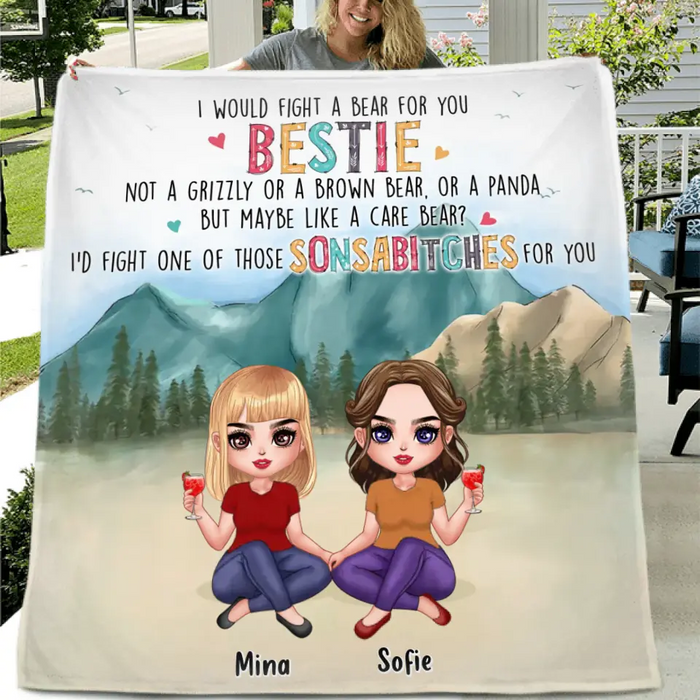 Custom Personalized Besties Single Layer Fleece Blanket/ Quilt Blanket - Upto 5 Girls - Gift Idea For Besties/ Friends/ Sisters - I Would Fight A Bear For You Bestie