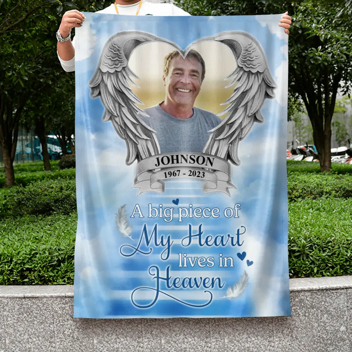 Custom Personalized Memorial Photo Flag Sign - Memorial Gift Idea for Father's Day/Mother's Day - A Big Piece Of My Heart Lives In Heaven