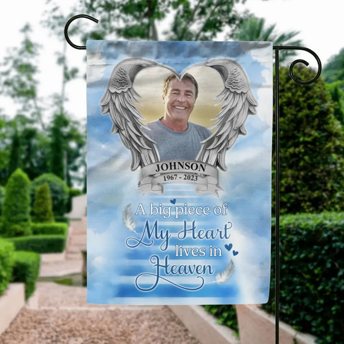 Custom Personalized Memorial Photo Flag Sign - Memorial Gift Idea for Father's Day/Mother's Day - A Big Piece Of My Heart Lives In Heaven