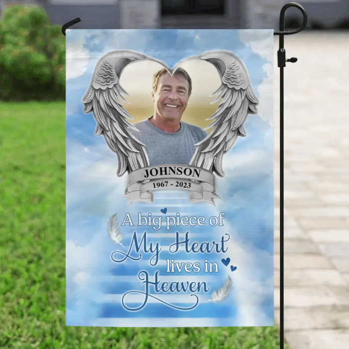 Custom Personalized Memorial Photo Flag Sign - Memorial Gift Idea for Father's Day/Mother's Day - A Big Piece Of My Heart Lives In Heaven