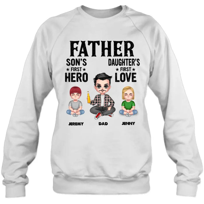 Custom Personalized Dad Shirt/Hoodie - Upto 6 Kids - Father's Day Gift Idea for Dad -  Father Son's First Hero Daughter's First Love