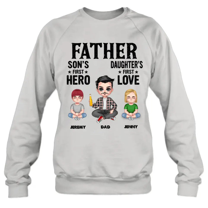 Custom Personalized Dad Shirt/Hoodie - Upto 6 Kids - Father's Day Gift Idea for Dad -  Father Son's First Hero Daughter's First Love