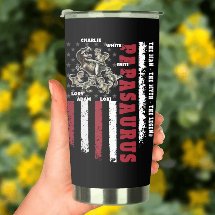 Custom Personalized Papasaurus Tumbler - Gift Idea For Father's Day - Upto 5 Kids - Papasaurus The Man The Myth The Legend