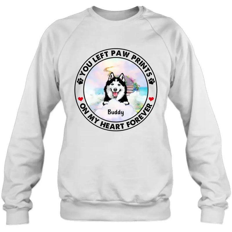 Personalized Pet Shirt/Hoodie - Up to 2 Dogs/Cats - Memorial Gift Idea for Dog/Cat Owners - You Left Paw Prints On My Heart Forever