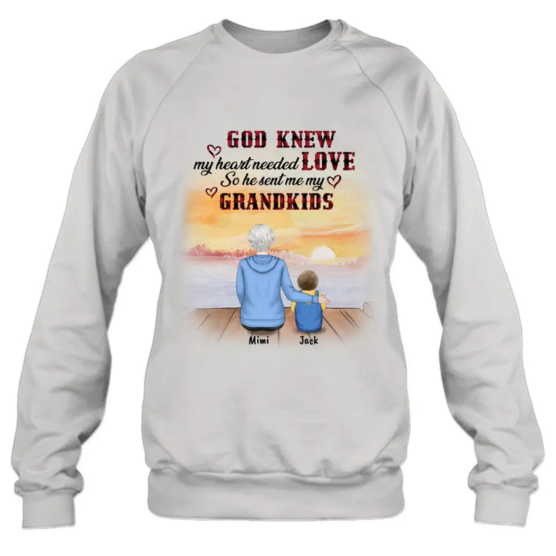 Personalized T-shirt/Hoddie/Sweatshrt/Sleeve - Gift for Grandparent and Grandkids - Grandma/Grandpa and Grandkids - Up to 4 Grandkids - God knew my heart needed love