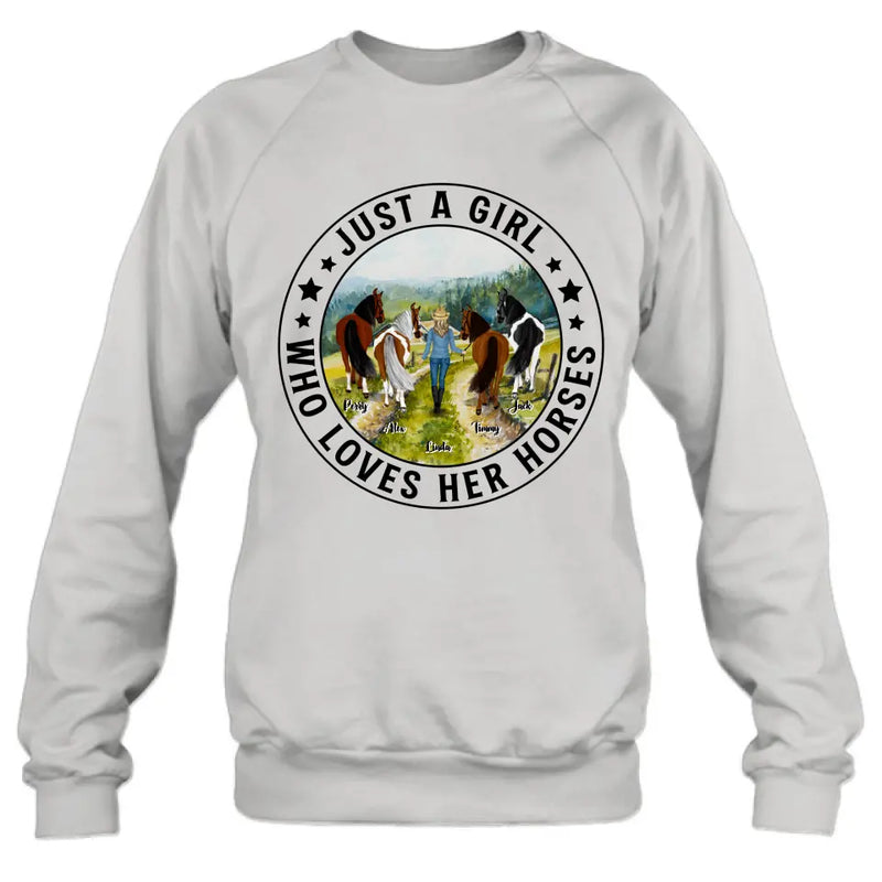 Personalized Horse Girl Shirt - Up to 4 Horses - Gift For Horse Lover - Just A Girl Who Loves Her Horses