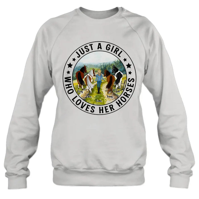 Custom Personalized Horse Girl Shirt - Upto 4 Horses - Gift For Horse Lover - Just A Girl Who Loves Her Horses