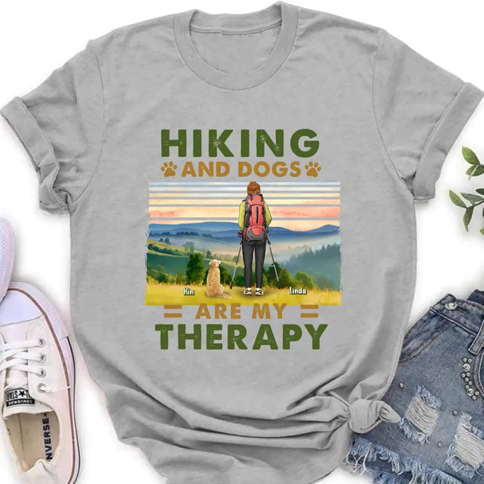 Custom Personalized Solo Hiking With Dogs Shirt - Woman/Man With Upto 4 Dogs - Gift Idea For Hiking Lovers - Hiking And Dogs Are My Therapy